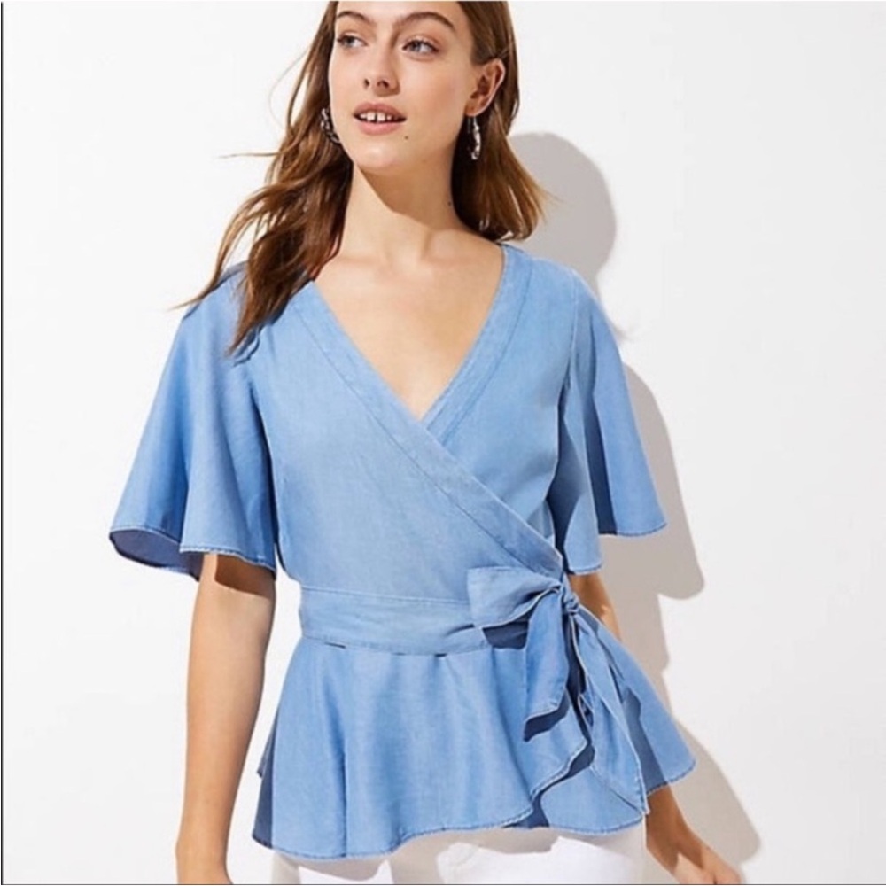 NWOT LOFT Peplum faux wrap chambray top